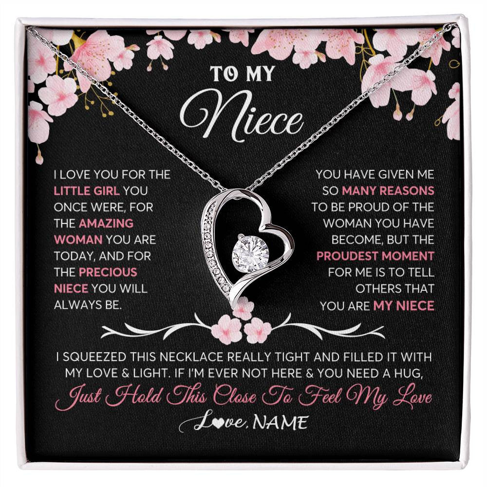Forever Love Necklace 14K White Gold Finish | 1 | Personalized To My Niece Gifts Ecklace From Aunt Uncle Love Precious Niece Jewelry Birthday Graduation Christmas Customized Gift Box Message Card | siriusteestore