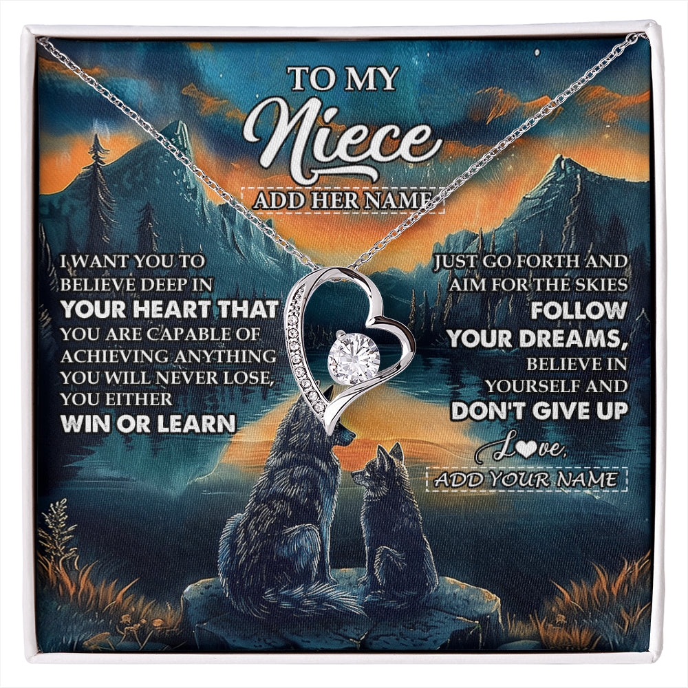 Forever Love Necklace 14K White Gold Finish | 1 | Personalized To My Niece Gifts From Aunt Uncle Necklace Don't Give Up Wolf Gifts For Niece Birthday Graduation Christmas Customized Gift Box Message Card | siriusteestore