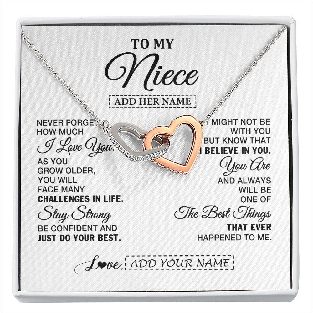Interlocking Hearts Necklace Stainless Steel & Rose Gold Finish | 1 | Personalized To My Niece Gifts From Aunt Uncle Necklace I Love You Thoughtful Keepsake Gift Niece Birthday Graduation Christmas Custom Gift Box Message Card | https://siriusteestore.