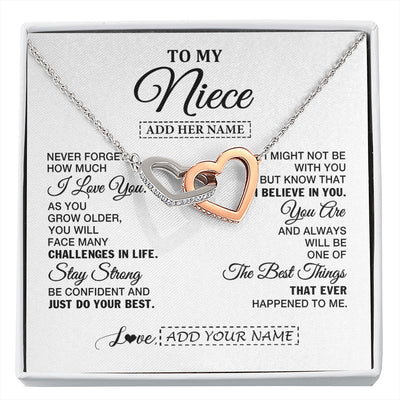 Interlocking Hearts Necklace Stainless Steel & Rose Gold Finish | 1 | Personalized To My Niece Gifts From Aunt Uncle Necklace I Love You Thoughtful Keepsake Gift Niece Birthday Graduation Christmas Custom Gift Box Message Card | https://siriusteestore.