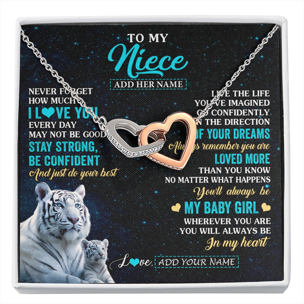 Interlocking Hearts Necklace Stainless Steel & Rose Gold Finish | 1 | Personalized To My Niece Gifts From Aunt Uncle Necklace White Tiger Never Forget How Much I Love You Niece Birthday Christmas Customized Gift Box Message Card | siriusteestore.myshopify