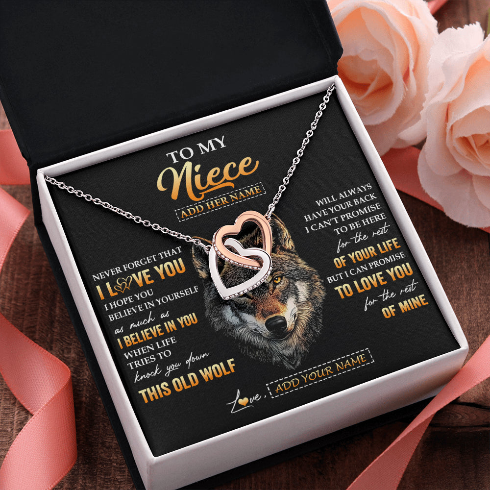 Interlocking Hearts Necklace Stainless Steel & Rose Gold Finish | 2 | Personalized To My Niece Gifts From Uncle Aunt Auntie Necklace Old Wolf Love You Niece Birthday Gifts Graduation Christmas Customized Gift Box Message Card | siriusteestore