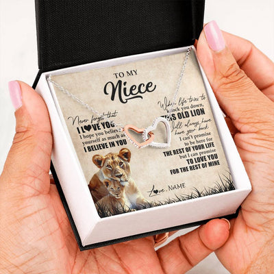 Interlocking Hearts Necklace Stainless Steel & Rose Gold Finish | Personalized To My Niece Gifts Necklace From Aunt Old Lion Niece Jewelry Birthday Gifts Graduation Christmas Customized Gift Box Message Card | siriusteestore