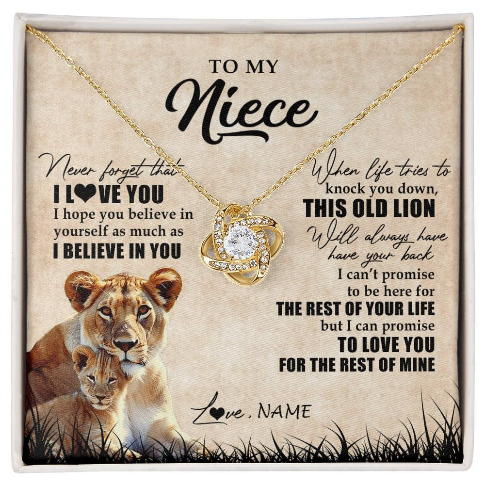 Love Knot Necklace 18K Yellow Gold Finish | Personalized To My Niece Gifts Necklace From Aunt Old Lion Niece Jewelry Birthday Gifts Graduation Christmas Customized Gift Box Message Card | siriusteestore
