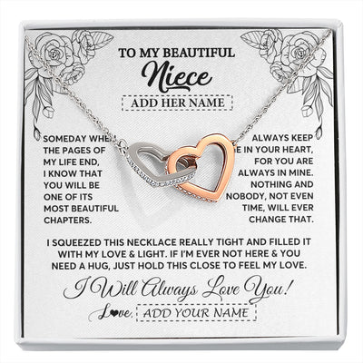 Interlocking Hearts Necklace Stainless Steel & Rose Gold Finish | 1 | Personalized To My Niece Gifts Necklace From Aunt Uncle Someday When The Pages Birthday Gifts Niece Christmas Graduation Custom Jewelry Gift Box Message Card | https://siriusteestore.