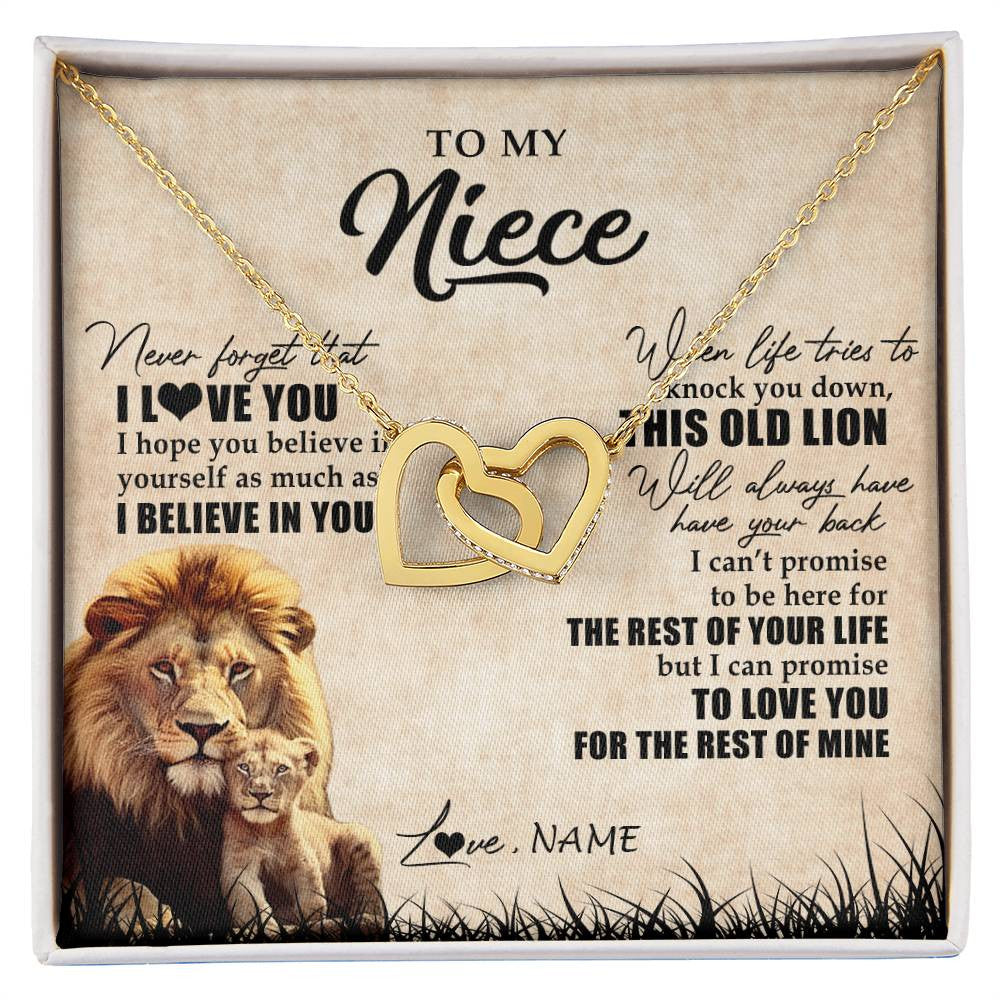 Interlocking Hearts Necklace 18K Yellow Gold Finish | Personalized To My Niece Gifts Necklace From Uncle Old Lion Niece Jewelry Birthday Gifts Graduation Christmas Customized Gift Box Message Card | siriusteestore