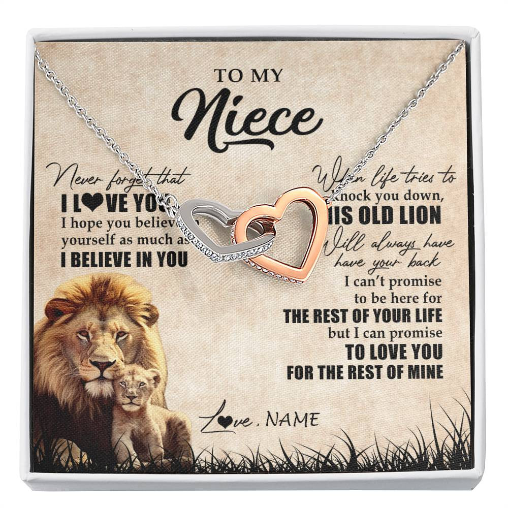 Interlocking Hearts Necklace Stainless Steel & Rose Gold Finish | Personalized To My Niece Gifts Necklace From Uncle Old Lion Niece Jewelry Birthday Gifts Graduation Christmas Customized Gift Box Message Card | siriusteestore