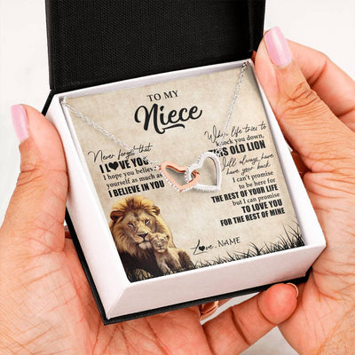 Interlocking Hearts Necklace Stainless Steel & Rose Gold Finish | Personalized To My Niece Gifts Necklace From Uncle Old Lion Niece Jewelry Birthday Gifts Graduation Christmas Customized Gift Box Message Card | siriusteestore