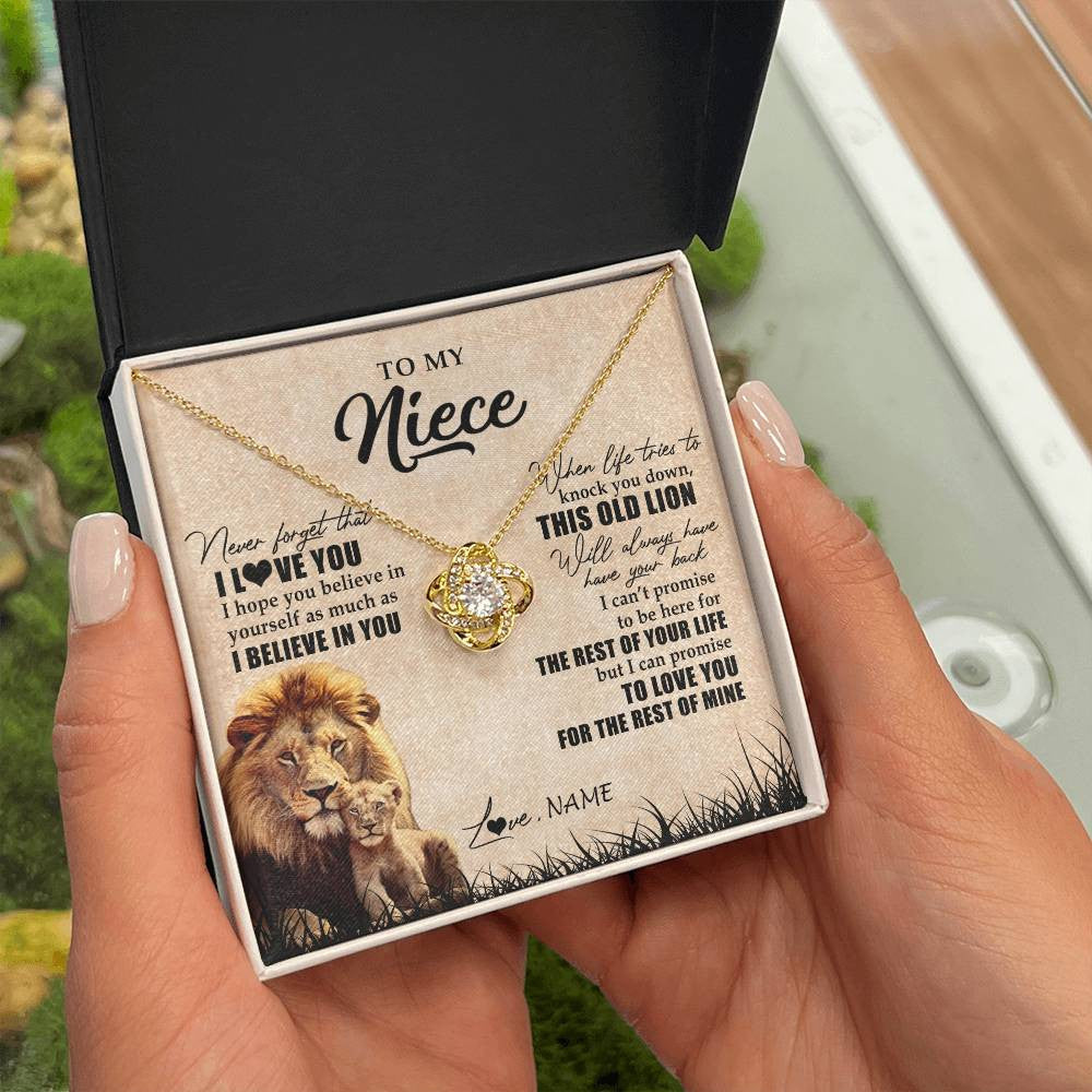 Love Knot Necklace 18K Yellow Gold Finish | Personalized To My Niece Gifts Necklace From Uncle Old Lion Niece Jewelry Birthday Gifts Graduation Christmas Customized Gift Box Message Card | siriusteestore
