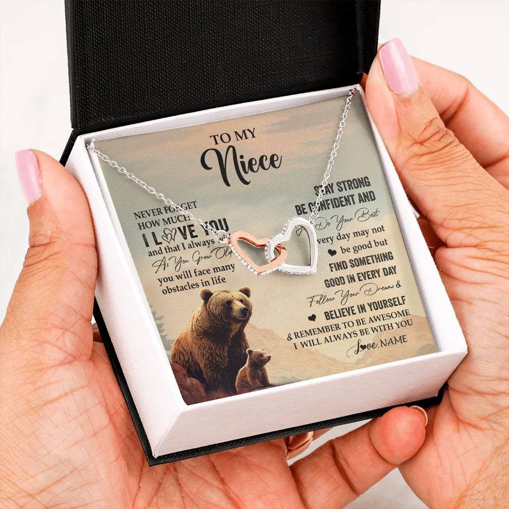 Interlocking Hearts Necklace Stainless Steel & Rose Gold Finish | 2 | Personalized To My Niece I Love You Forever Necklace From Aunt Uncle Bear Niece Birthday Gifts Jewelry Graduation Christmas Customized Gift Box Message Card | siriusteestore