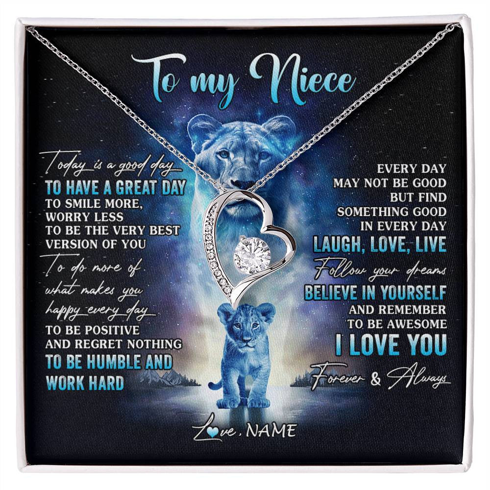 Forever Love Necklace 14K White Gold Finish | 1 | Personalized To My Niece Lion Necklace From Aunt Auntie Every Day Laugh Love Live Niece Birthday Graduation Christmas Customized Gift Box Message Card | siriusteestore