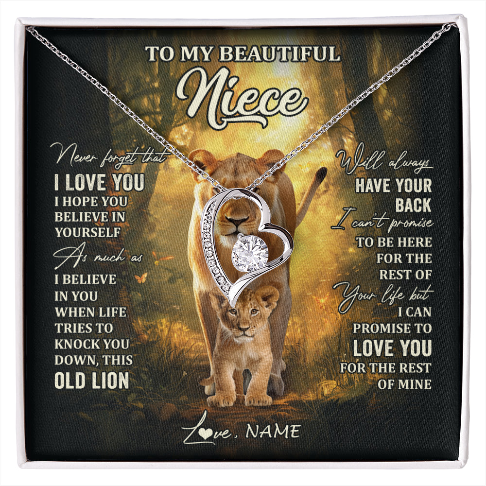 Forever Love Necklace 14K White Gold Finish | 1 | Personalized To My Niece Lion Necklace From Aunt Auntie Never Forget That I Love You Niece Birthday Graduation Christmas Customized Gift Box Message Card | siriusteestore