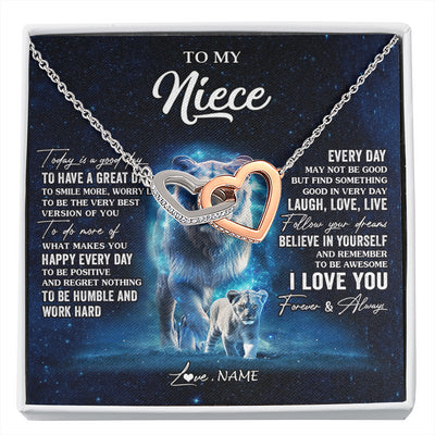 Interlocking Hearts Necklace Stainless Steel & Rose Gold Finish | 1 | Personalized To My Niece Lion Necklace From Aunt Auntie Today Is A Good Day Niece Gifts Birthday Jewelry Graduation Christmas Customized Gift Box Message Card | siriusteestore