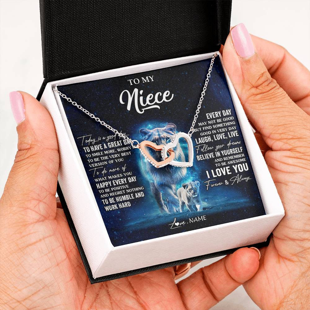 Interlocking Hearts Necklace Stainless Steel & Rose Gold Finish | 2 | Personalized To My Niece Lion Necklace From Aunt Auntie Today Is A Good Day Niece Gifts Birthday Jewelry Graduation Christmas Customized Gift Box Message Card | siriusteestore