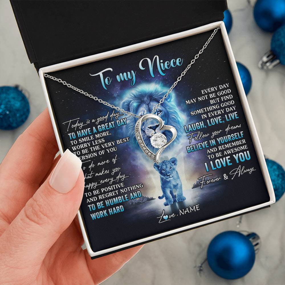 Forever Love Necklace 14K White Gold Finish | 2 | Personalized To My Niece Lion Necklace From Uncle Every Day Laugh Love Live Niece Pendant Birthday Graduation Christmas Customized Gift Box Message Card | siriusteestore