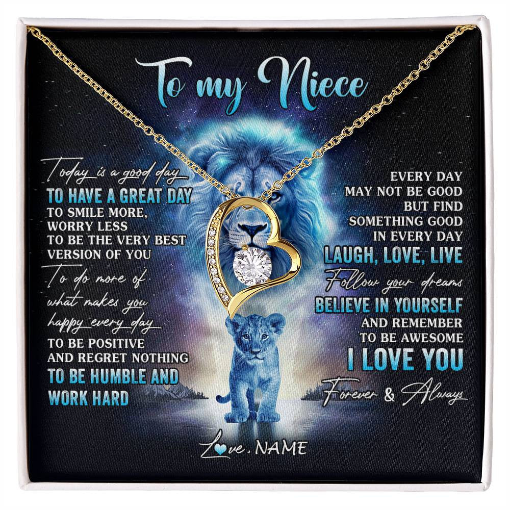 Forever Love Necklace 18K Yellow Gold Finish | 1 | Personalized To My Niece Lion Necklace From Uncle Every Day Laugh Love Live Niece Pendant Birthday Graduation Christmas Customized Gift Box Message Card | siriusteestore