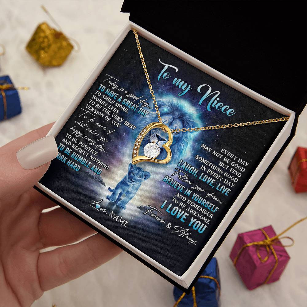 Forever Love Necklace 18K Yellow Gold Finish | 2 | Personalized To My Niece Lion Necklace From Uncle Every Day Laugh Love Live Niece Pendant Birthday Graduation Christmas Customized Gift Box Message Card | siriusteestore