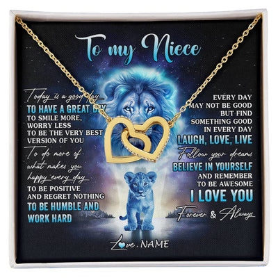 Interlocking Hearts Necklace 18K Yellow Gold Finish | 1 | Personalized To My Niece Lion Necklace From Uncle Every Day Laugh Love Live Niece Pendant Birthday Graduation Christmas Customized Gift Box Message Card | siriusteestore