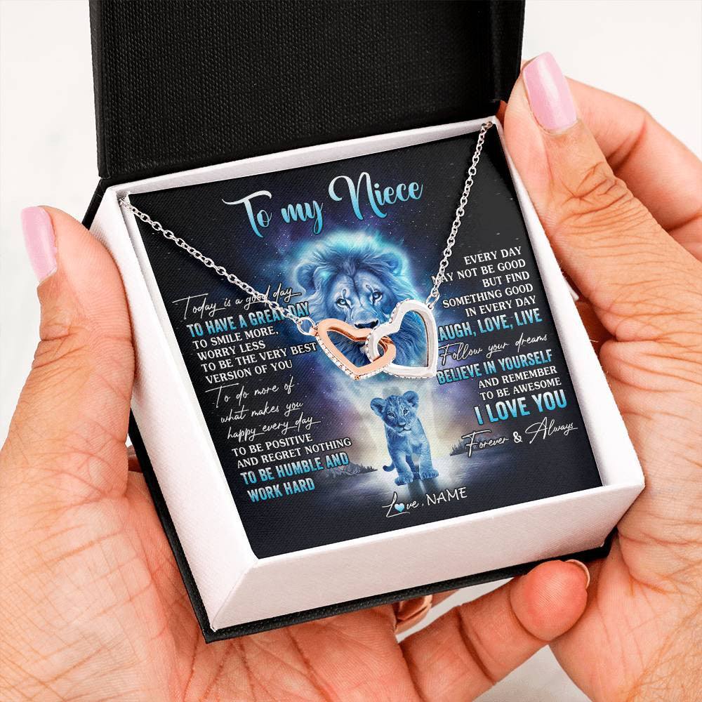 Interlocking Hearts Necklace Stainless Steel & Rose Gold Finish | 2 | Personalized To My Niece Lion Necklace From Uncle Every Day Laugh Love Live Niece Pendant Birthday Graduation Christmas Customized Gift Box Message Card | siriusteestore