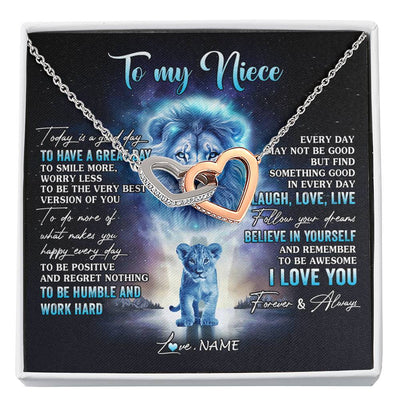 Interlocking Hearts Necklace Stainless Steel & Rose Gold Finish | 1 | Personalized To My Niece Lion Necklace From Uncle Every Day Laugh Love Live Niece Pendant Birthday Graduation Christmas Customized Gift Box Message Card | siriusteestore