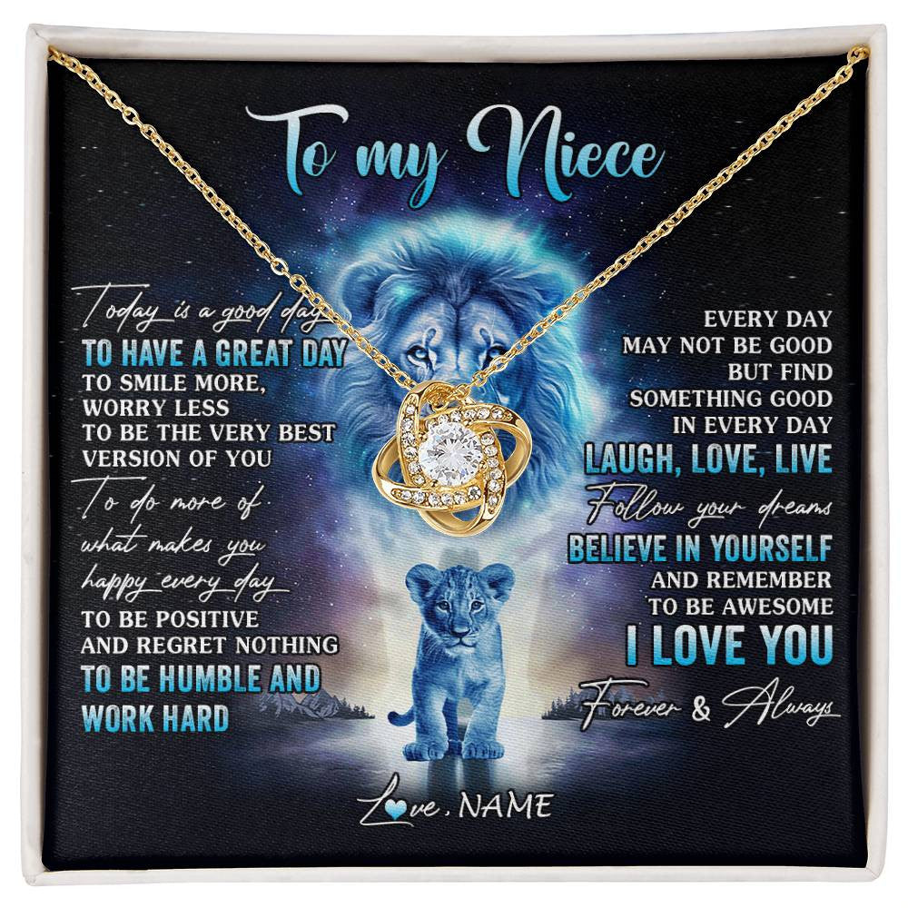 Love Knot Necklace 18K Yellow Gold Finish | 1 | Personalized To My Niece Lion Necklace From Uncle Every Day Laugh Love Live Niece Pendant Birthday Graduation Christmas Customized Gift Box Message Card | siriusteestore