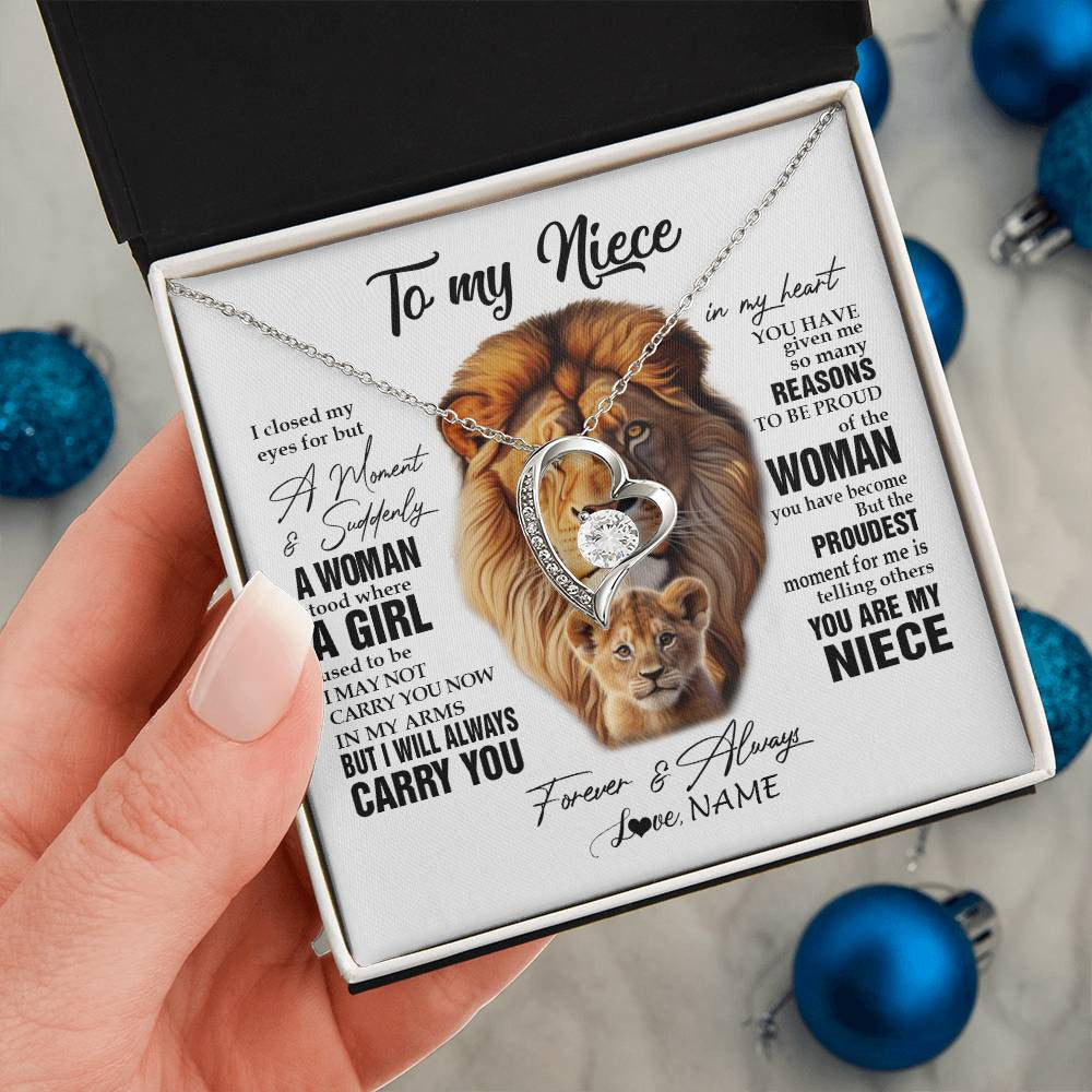 Forever Love Necklace 14K White Gold Finish | 2 | Personalized To My Niece Lion Necklace From Uncle I Closed My Eyes Great Niece Birthday Gifts Graduation Christmas Customized Gift Box Message Card | siriusteestore