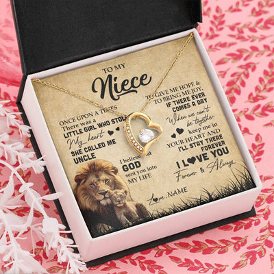 Forever Love Necklace 18K Yellow Gold Finish | Personalized To My Niece Lion Necklace From Uncle I'll Stay There Forever Niece Birthday Graduation Christmas Customized Gift Box Message Card | siriusteestore