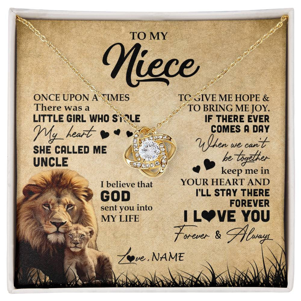 Love Knot Necklace 18K Yellow Gold Finish | Personalized To My Niece Lion Necklace From Uncle I'll Stay There Forever Niece Birthday Graduation Christmas Customized Gift Box Message Card | siriusteestore