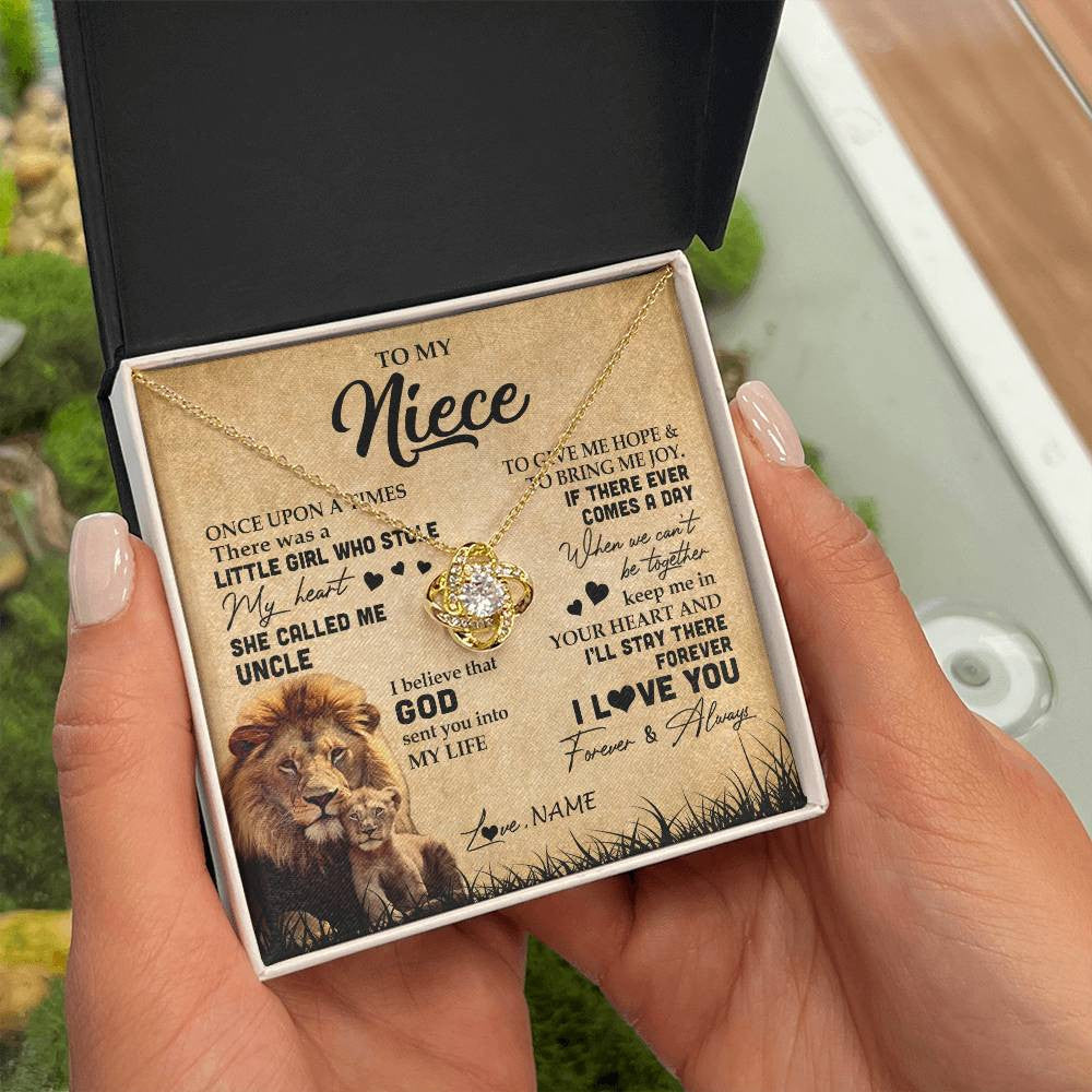 Love Knot Necklace 18K Yellow Gold Finish | Personalized To My Niece Lion Necklace From Uncle I'll Stay There Forever Niece Birthday Graduation Christmas Customized Gift Box Message Card | siriusteestore