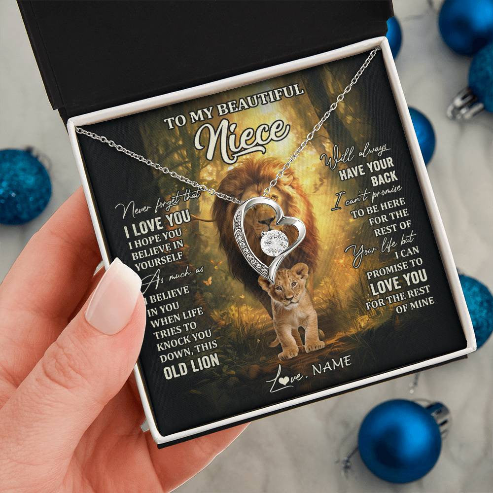 Forever Love Necklace 14K White Gold Finish | 2 | Personalized To My Niece Lion Necklace From Uncle Never Forget That I Love You Niece Birthday Gifts Graduation Christmas Customized Gift Box Message Card | siriusteestore