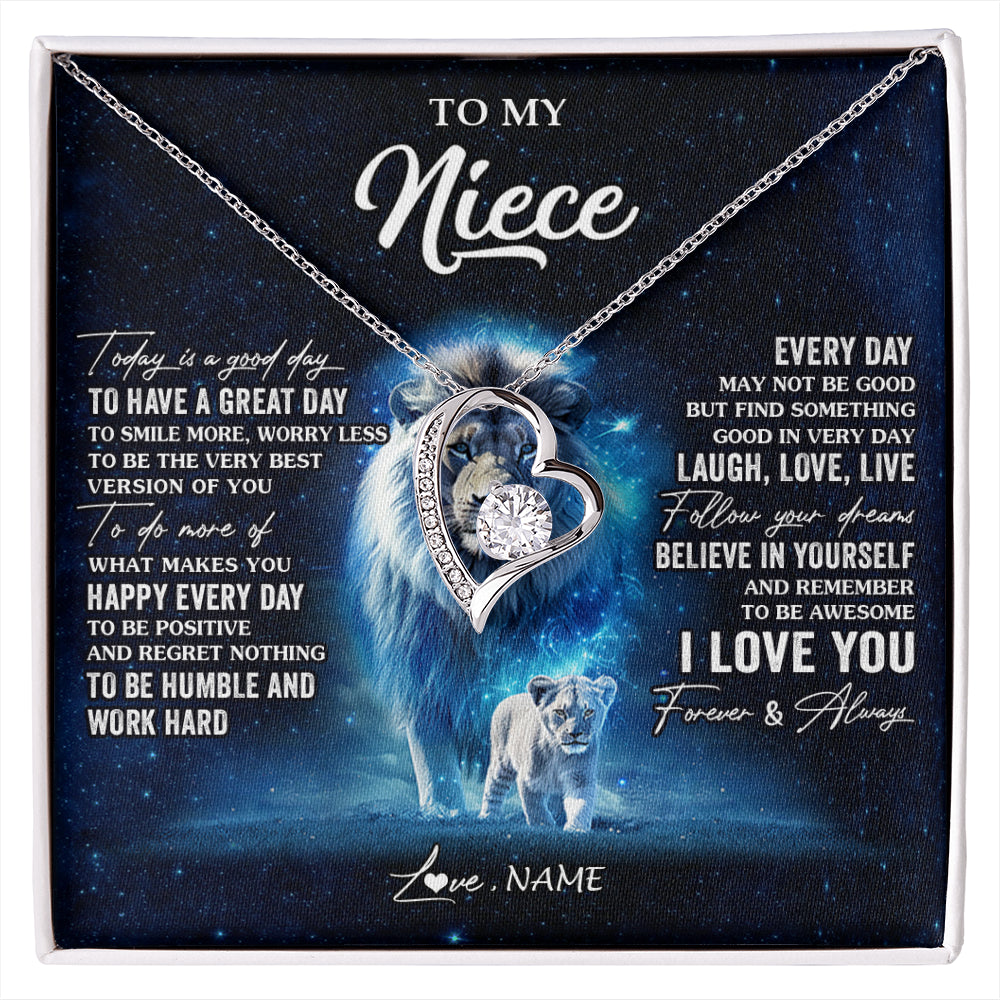Forever Love Necklace 14K White Gold Finish | 1 | Personalized To My Niece Lion Necklace From Uncle Today Is A Good Day Niece Gifts Birthday Jewelry Graduation Christmas Customized Gift Box Message Card | siriusteestore