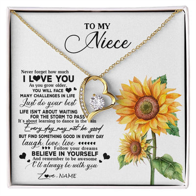 Forever Love Necklace 18K Yellow Gold Finish | 1 | Personalized To My Niece Necklace From Aunt Auntie Auntie Sunflower Wood Laugh Love Live Niece Birthday Graduation Christmas Customized Gift Box Message Card | siriusteestore