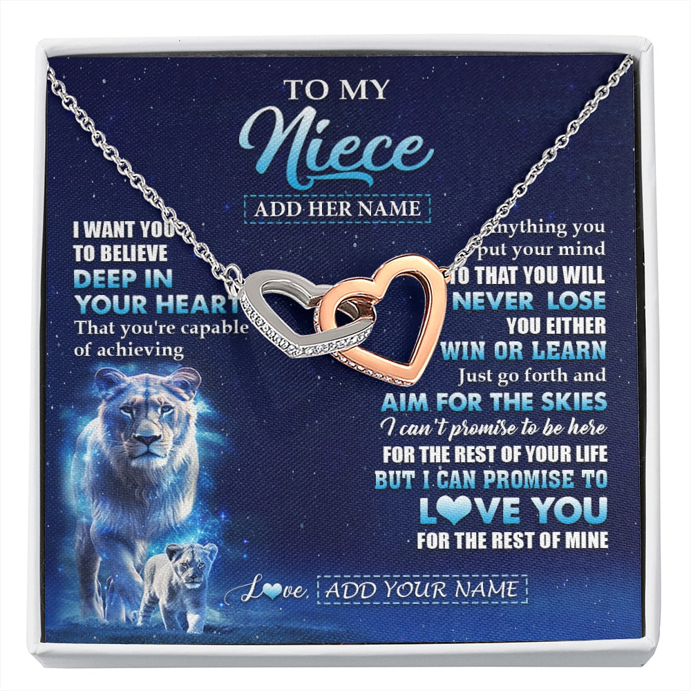 Interlocking Hearts Necklace Stainless Steel & Rose Gold Finish | 1 | Personalized To My Niece Necklace From Aunt Auntie Believe Your Heart Niece Gift Birthday Graduation Christmas Customized Gift Box Message Card | siriusteestore.myshopify