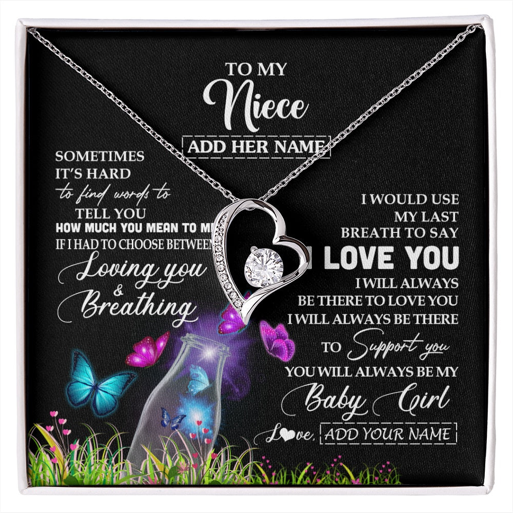 Forever Love Necklace 14K White Gold Finish | 1 | Personalized To My Niece Necklace From Aunt Auntie Butterfly Sometimes Say I Love You Niece Birthday Graduation Christmas Customized Gift Box Message Card | siriusteestore.myshopify