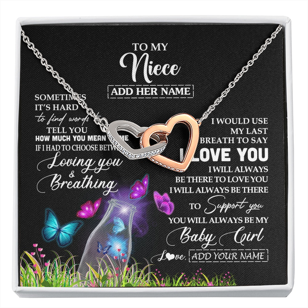 Interlocking Hearts Necklace Stainless Steel & Rose Gold Finish | 1 | Personalized To My Niece Necklace From Aunt Auntie Butterfly Sometimes Say I Love You Niece Birthday Graduation Christmas Customized Gift Box Message Card | siriusteestore.myshopify