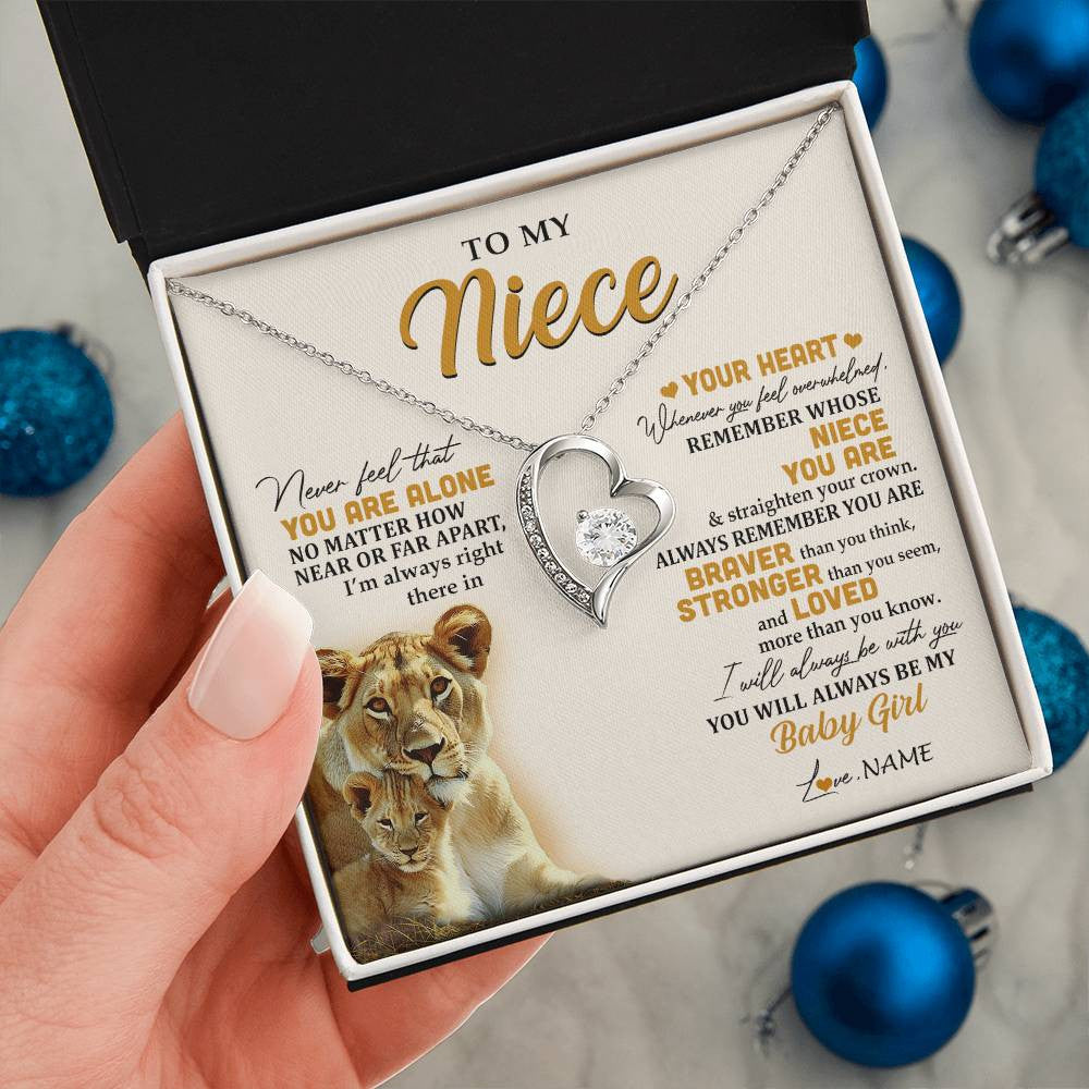 Forever Love Necklace 14K White Gold Finish | 2 | Personalized To My Niece Necklace From Aunt Auntie Lion Never Feel That You Are Alone Great Niece Birthday Christmas Customized Gift Box Message Card | siriusteestore