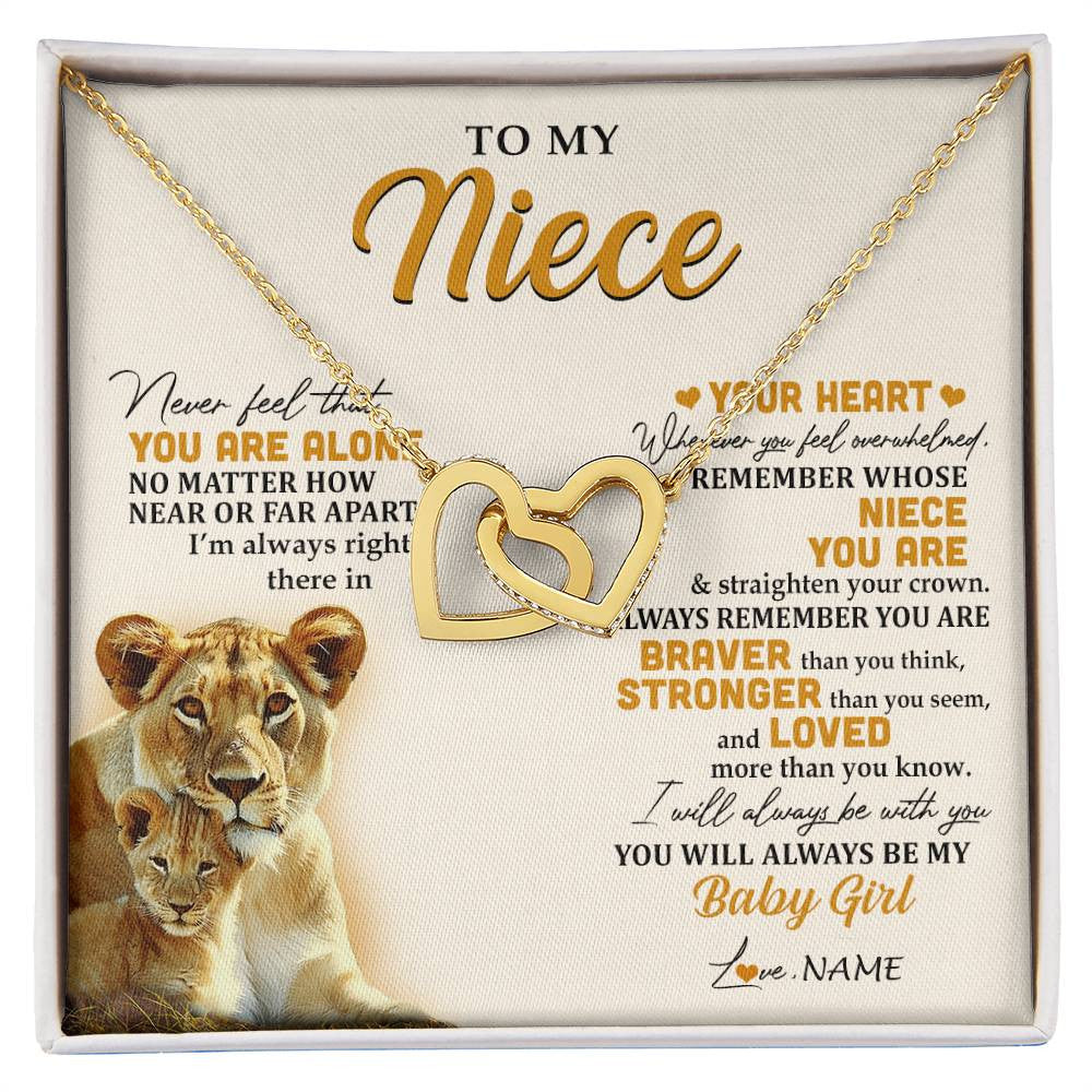 Interlocking Hearts Necklace 18K Yellow Gold Finish | 1 | Personalized To My Niece Necklace From Aunt Auntie Lion Never Feel That You Are Alone Great Niece Birthday Christmas Customized Gift Box Message Card | siriusteestore