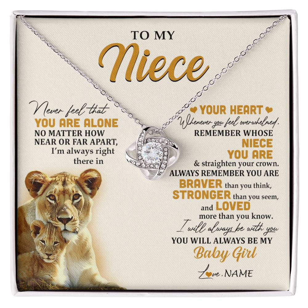 Love Knot Necklace 14K White Gold Finish | 1 | Personalized To My Niece Necklace From Aunt Auntie Lion Never Feel That You Are Alone Great Niece Birthday Christmas Customized Gift Box Message Card | siriusteestore
