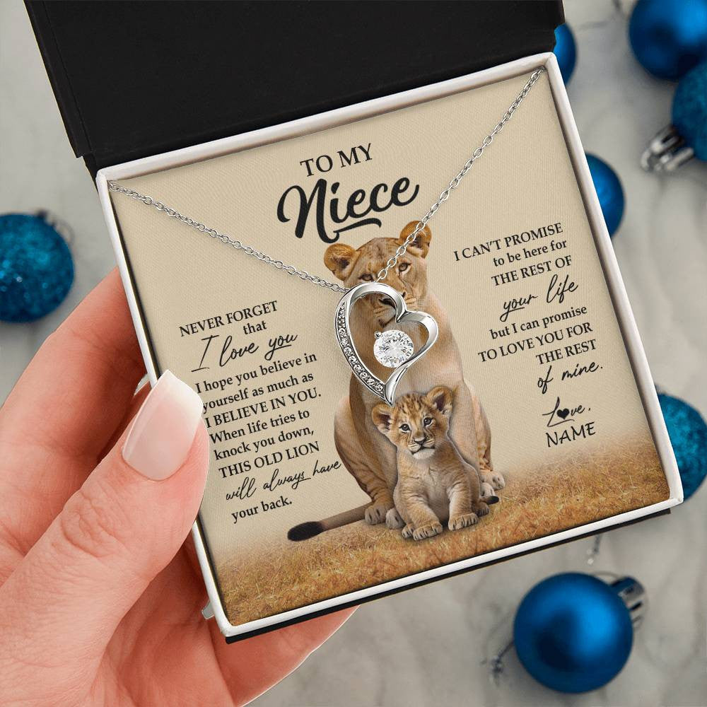 Forever Love Necklace 14K White Gold Finish | 2 | Personalized To My Niece Necklace From Aunt Auntie Lion Never Forget That I Love You Niece Jewelry Birthday Graduation Christmas Customized Message Card | siriusteestore