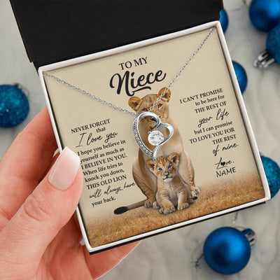 Forever Love Necklace 14K White Gold Finish | 2 | Personalized To My Niece Necklace From Aunt Auntie Lion Never Forget That I Love You Niece Jewelry Birthday Graduation Christmas Customized Message Card | siriusteestore