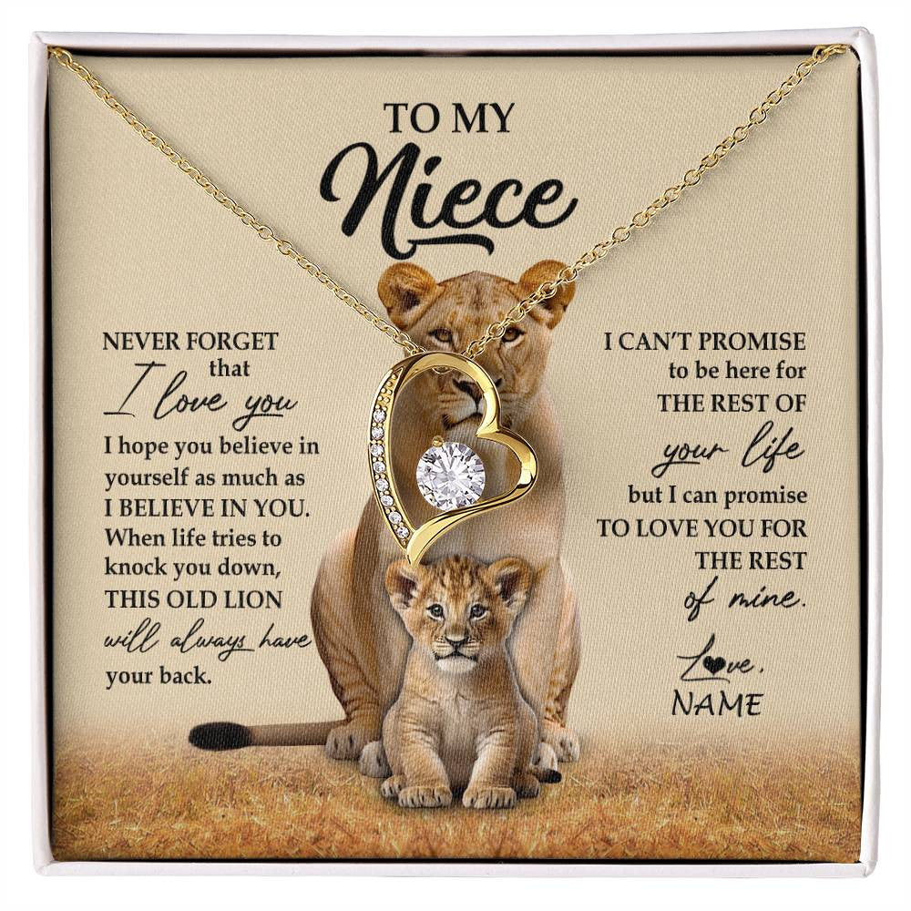 Forever Love Necklace 18K Yellow Gold Finish | 1 | Personalized To My Niece Necklace From Aunt Auntie Lion Never Forget That I Love You Niece Jewelry Birthday Graduation Christmas Customized Message Card | siriusteestore