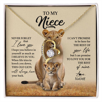 Forever Love Necklace 18K Yellow Gold Finish | 1 | Personalized To My Niece Necklace From Aunt Auntie Lion Never Forget That I Love You Niece Jewelry Birthday Graduation Christmas Customized Message Card | siriusteestore