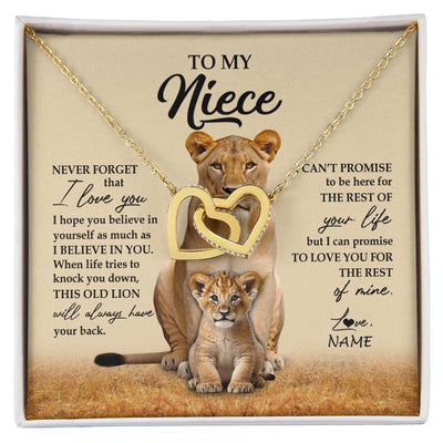 Interlocking Hearts Necklace 18K Yellow Gold Finish | 1 | Personalized To My Niece Necklace From Aunt Auntie Lion Never Forget That I Love You Niece Jewelry Birthday Graduation Christmas Customized Message Card | siriusteestore