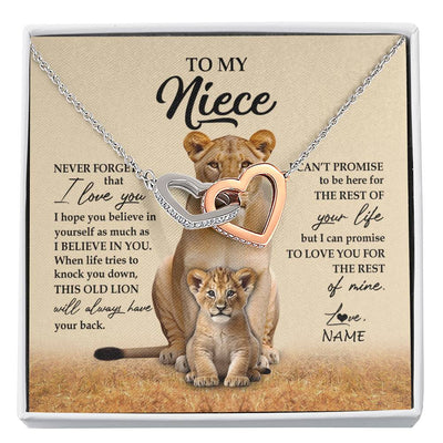 Interlocking Hearts Necklace Stainless Steel & Rose Gold Finish | 1 | Personalized To My Niece Necklace From Aunt Auntie Lion Never Forget That I Love You Niece Jewelry Birthday Graduation Christmas Customized Message Card | siriusteestore