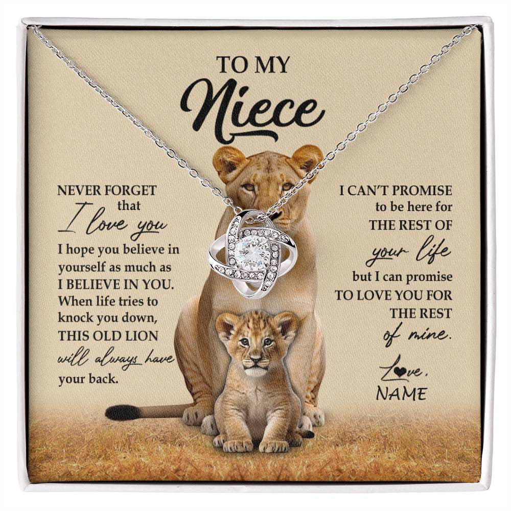 Love Knot Necklace 14K White Gold Finish | 1 | Personalized To My Niece Necklace From Aunt Auntie Lion Never Forget That I Love You Niece Jewelry Birthday Graduation Christmas Customized Message Card | siriusteestore