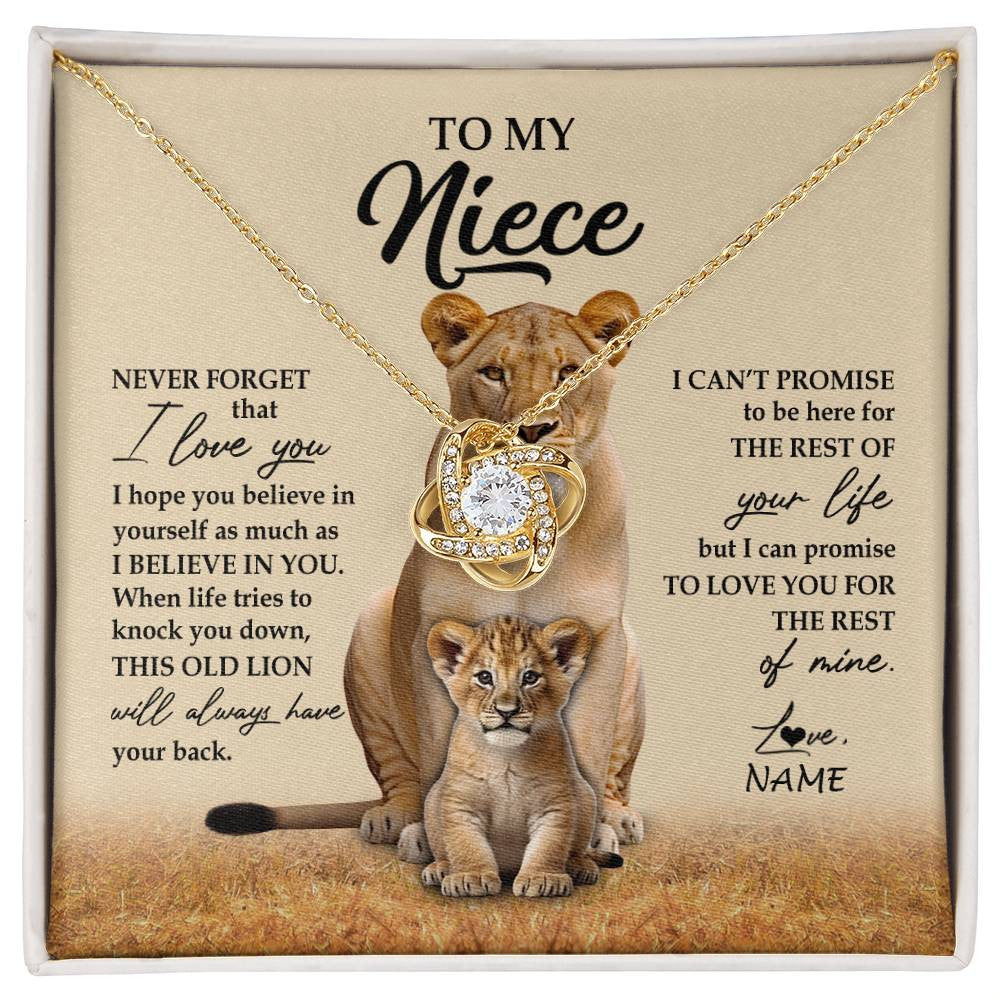 Love Knot Necklace 18K Yellow Gold Finish | 1 | Personalized To My Niece Necklace From Aunt Auntie Lion Never Forget That I Love You Niece Jewelry Birthday Graduation Christmas Customized Message Card | siriusteestore