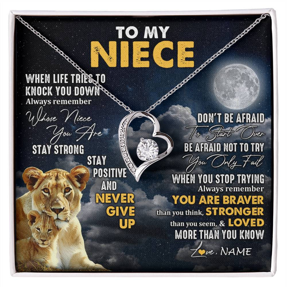 Forever Love Necklace 14K White Gold Finish | 1 | Personalized To My Niece Necklace From Aunt Auntie Lion Never Give Up Niece Birthday Graduation Christmas Jewelry Customized Gift Box Message Card | siriusteestore