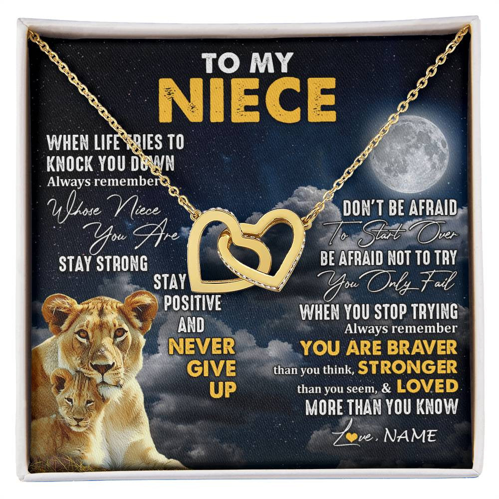 Interlocking Hearts Necklace 18K Yellow Gold Finish | 1 | Personalized To My Niece Necklace From Aunt Auntie Lion Never Give Up Niece Birthday Graduation Christmas Jewelry Customized Gift Box Message Card | siriusteestore