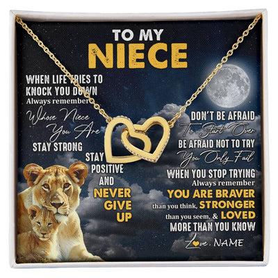 Interlocking Hearts Necklace 18K Yellow Gold Finish | 1 | Personalized To My Niece Necklace From Aunt Auntie Lion Never Give Up Niece Birthday Graduation Christmas Jewelry Customized Gift Box Message Card | siriusteestore