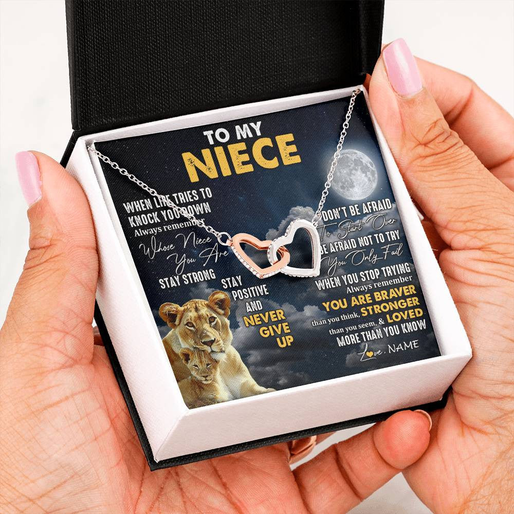 Interlocking Hearts Necklace Stainless Steel & Rose Gold Finish | 2 | Personalized To My Niece Necklace From Aunt Auntie Lion Never Give Up Niece Birthday Graduation Christmas Jewelry Customized Gift Box Message Card | siriusteestore